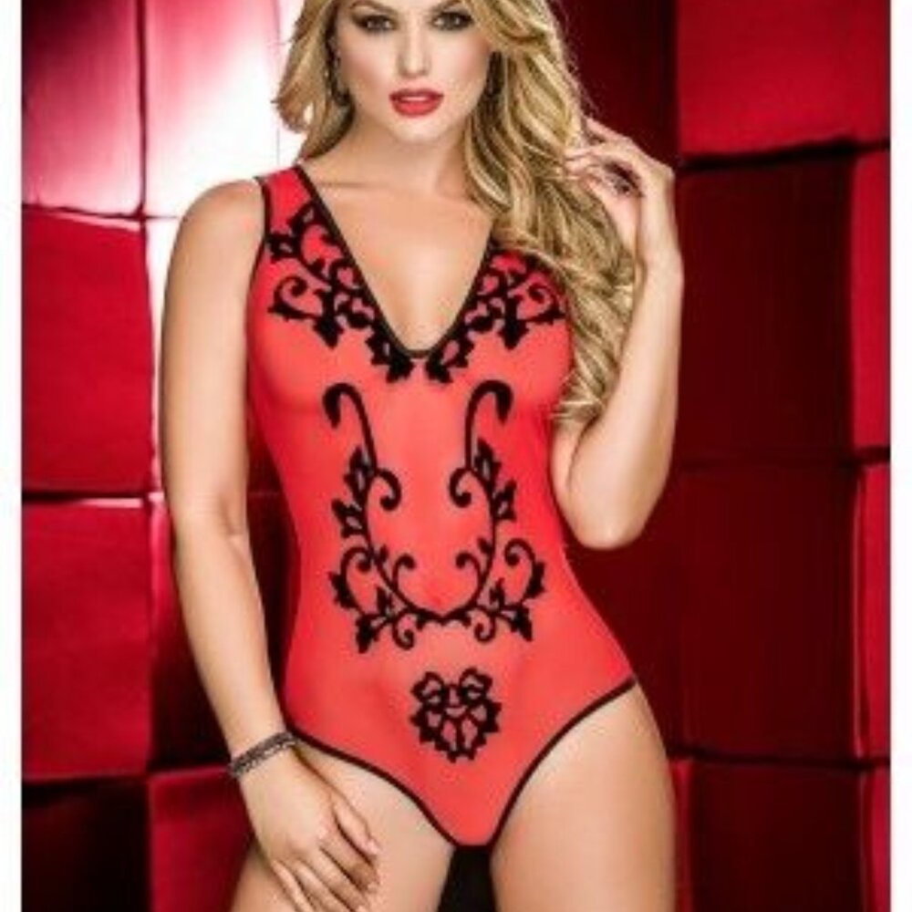 Mapale Sheer w/ Black Applique Detail V Neck Teddy Lingerie 8170